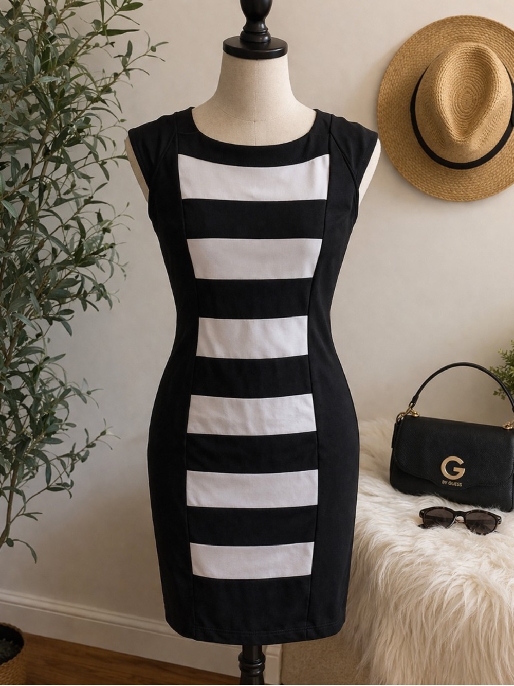 G by Guess Black & White Bodycon Dress | Size S| Striped Panel | Chic Night Out
